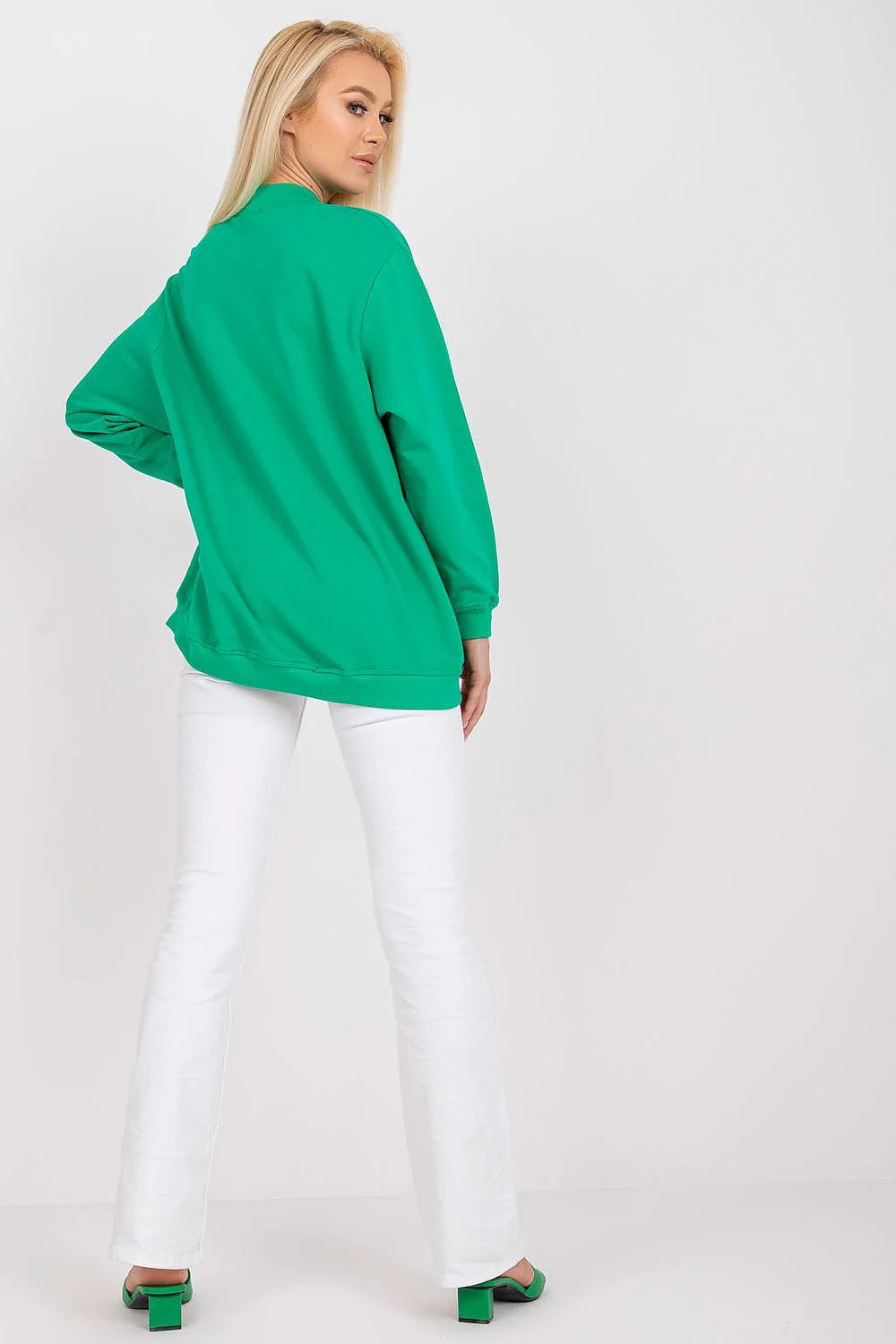 Sweatshirt BFG pour femme en coton 90% élasthanne 10%, style casual oversize, couleur bleu vif, manches longues, col rond côtelé, idéal pour tenues urbaines et décontractées