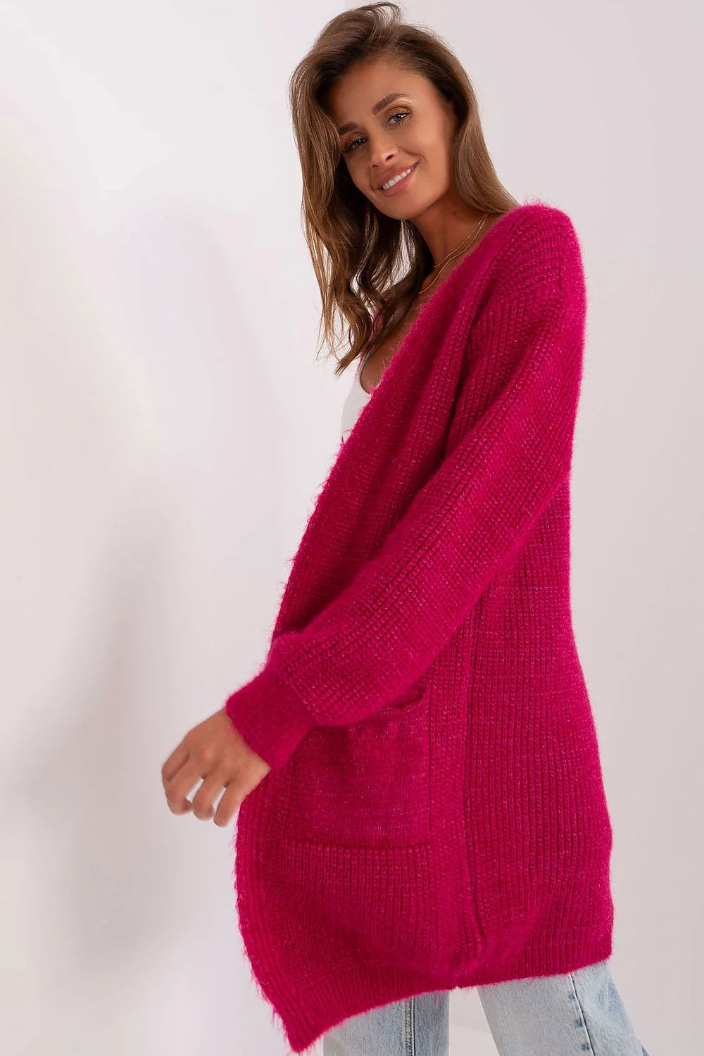 Cardigan femme Italy Moda ouvert longues manches style casual couleur rose vif matériau doux poches latérales