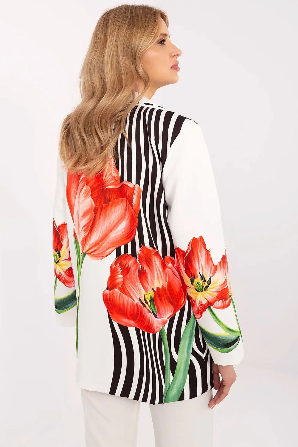 Veste pour femme blazer floral artistique coupe structurée motifs tulipes rayures noir et blanc occasionnels office soirée polyester confort