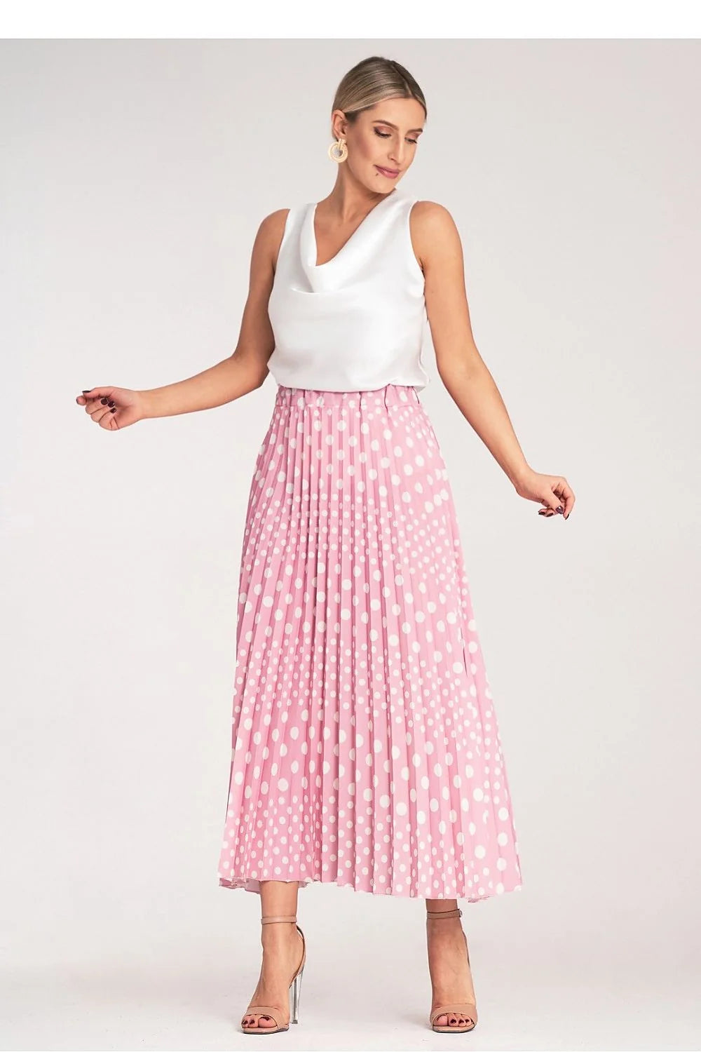 Jupe plissée à pois blancs en polyester taille haute ceinture dorée robe sans manches en satin blanc ensemble élégant pour femmes occasion spéciale