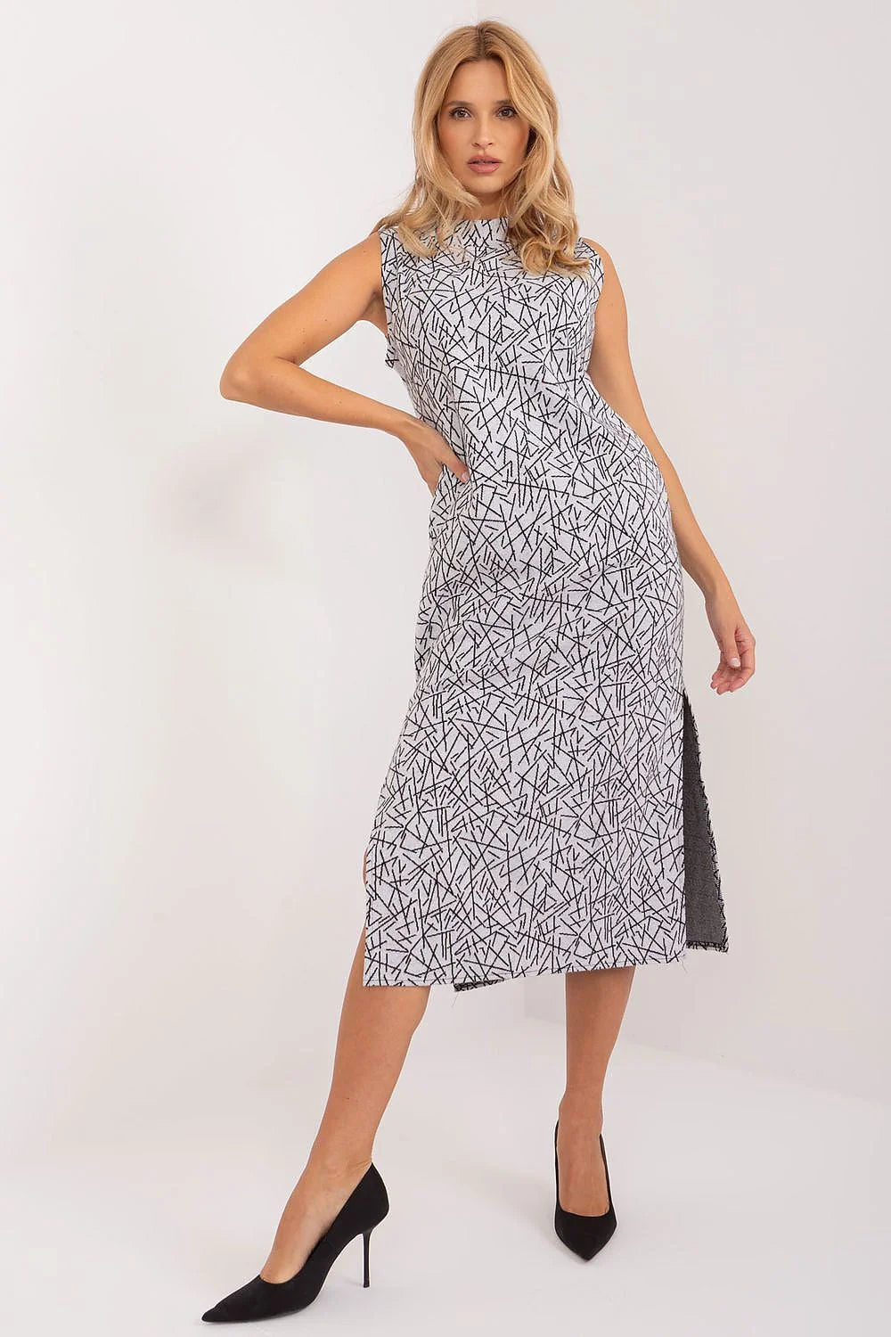 Robe élégante pour femme style moderne motif abstrait noir et blanc coupe ajustée manches longues ceinture incluse