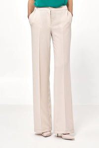 pantalon femme tailleur taille haute coupe large fluide beige crème jambe longue pli marqué effet allongeant