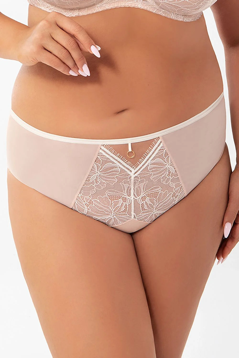 Gorsenia culotte taille haute tulle transparent dentelle florale nude doublure coton doux microfibre anneau doré ajustement maintien couvrante
