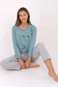 pyjama femme coton doux respirant confortable élégant ensemble haut manches longues fleurs tracé noir pantalon jambes droites cheville micro imprimé