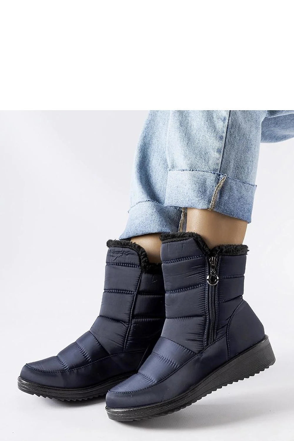 Bottes de neige pour femme style moderne matelassé couleur bleu marine fourrure synthétique talon bas zipper latéral