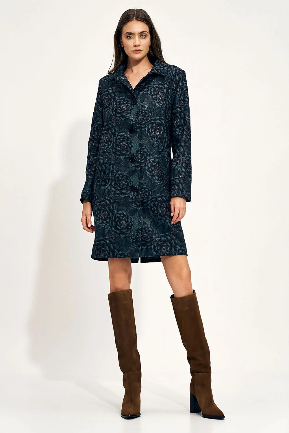 Manteau pour femme élégant coupe droite motif floral navy bleu et noir manches longues boutons noirs poches latérales taille ajustable