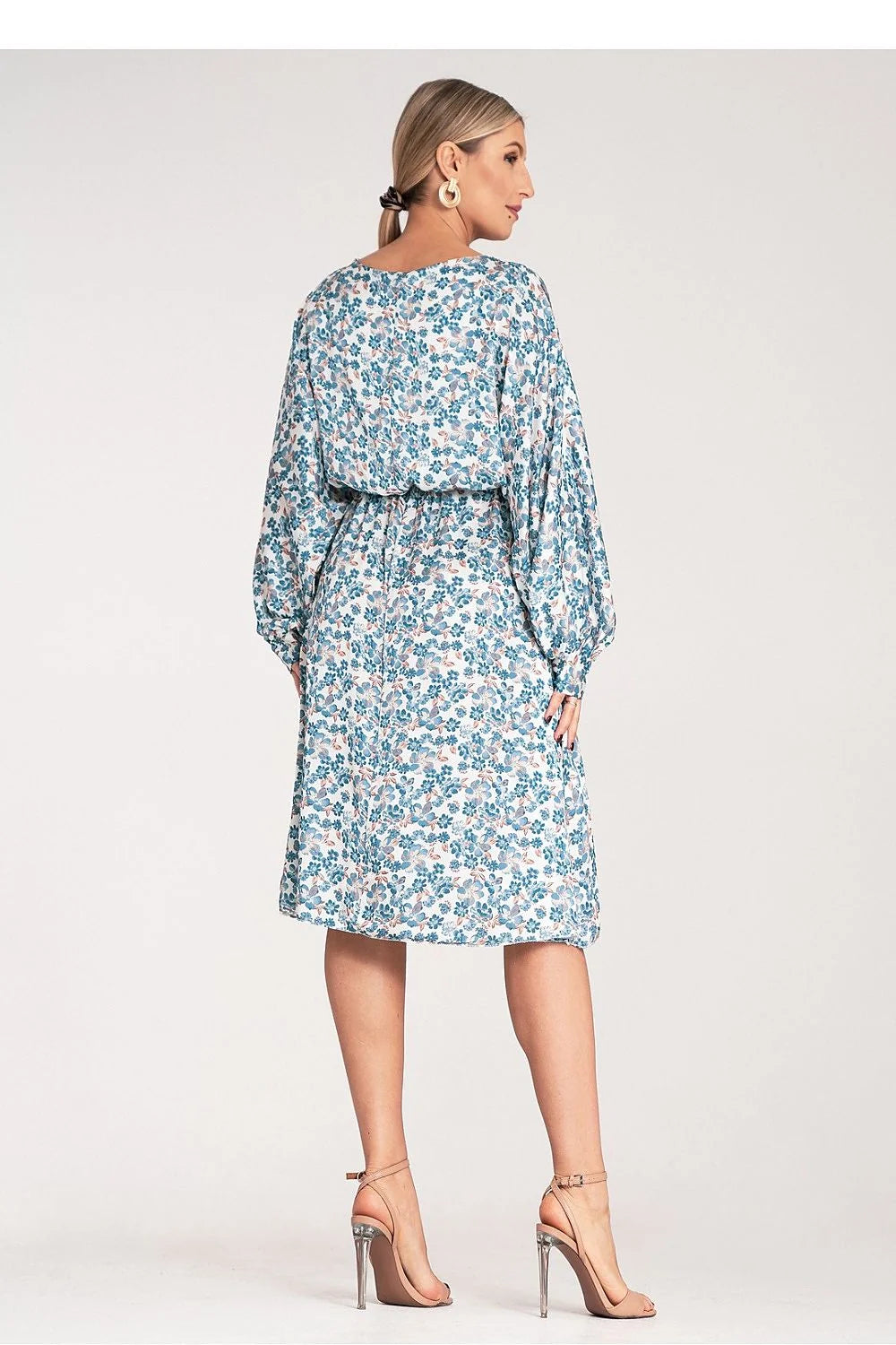 Robe de jour élégante en satin floral manches amples taille élastiquée pour femme longueur midi
