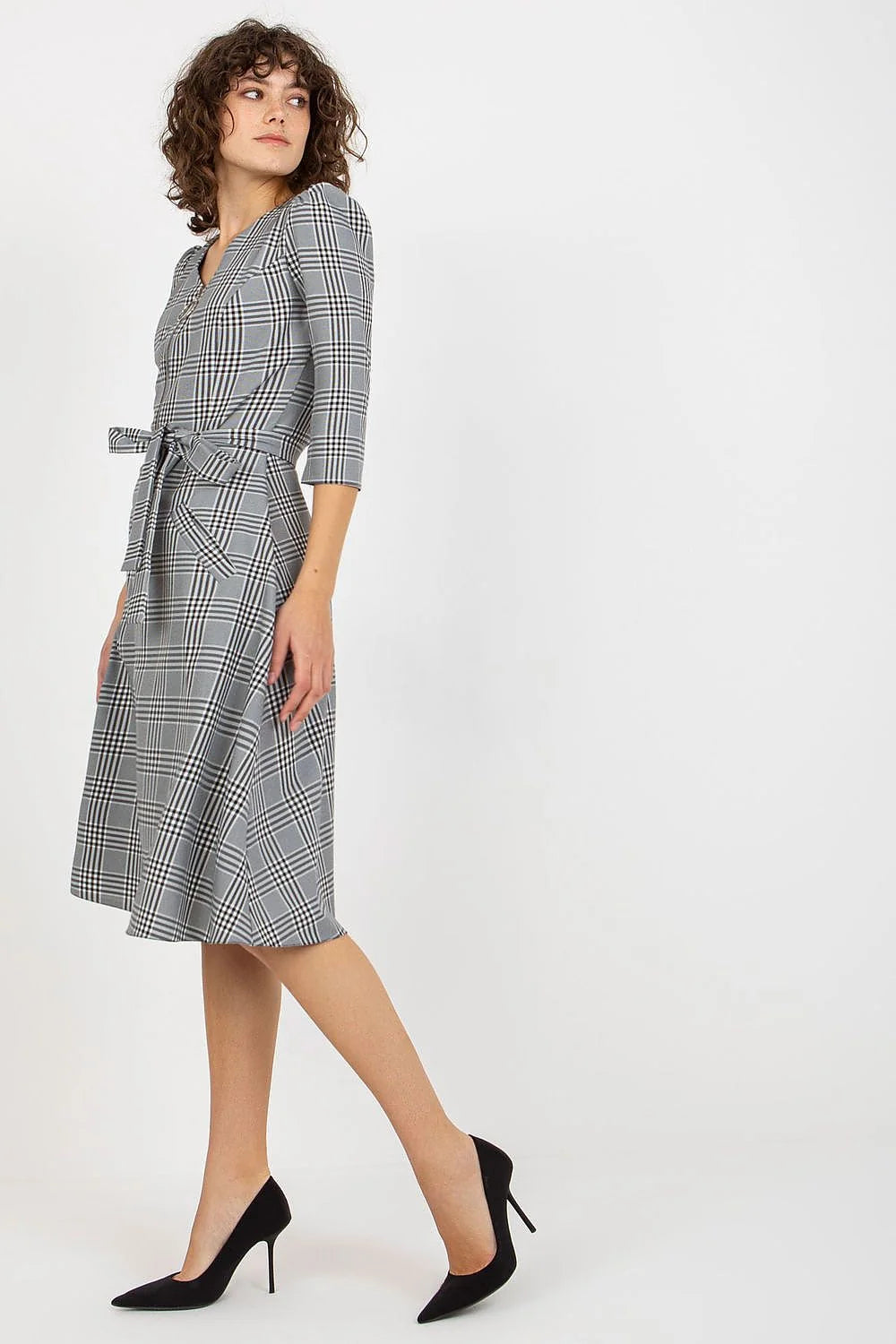 Robe de jour Lakerta en V manches 3/4 longueur midi carreaux style classique ceinture taille ajustable coton polyester elasthanne femme