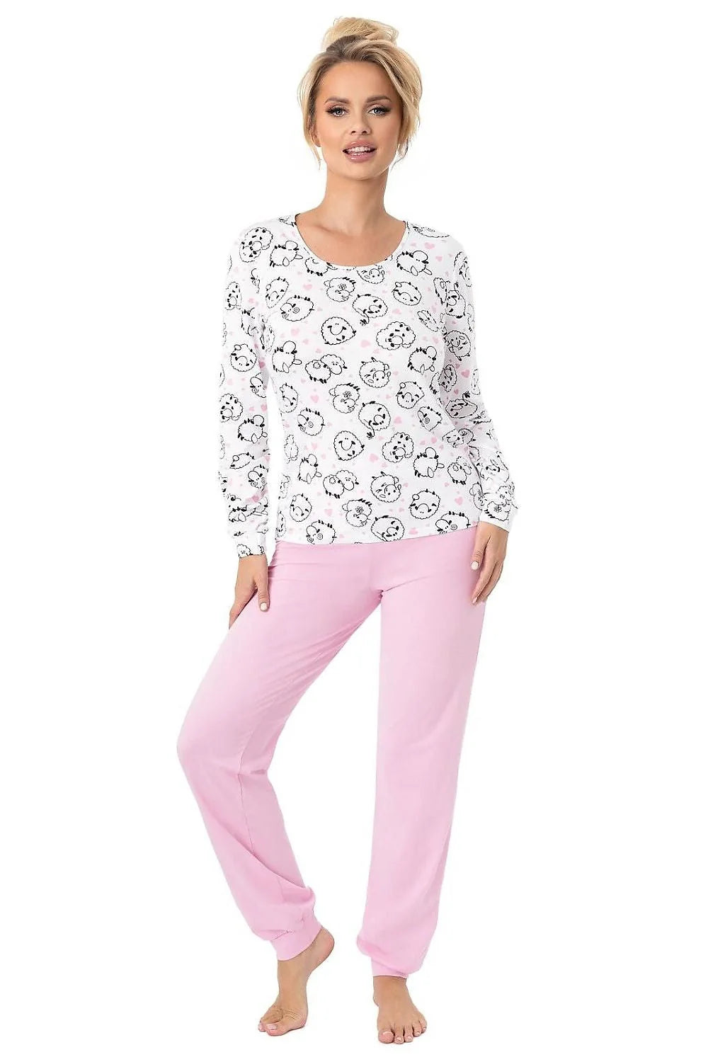 pyjama femme coton doux confortable charme moutons chats coeurs blanc rosepale mancheslongues colrond pantalonlong tailleelastique basresserres cotele fabricationpolonaise