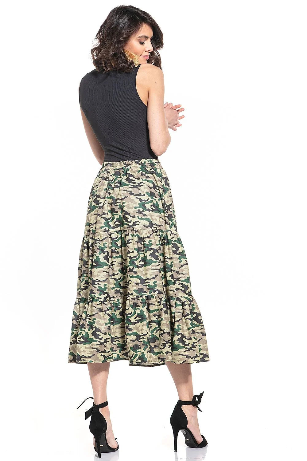 Jupe longue camouflage coton évasée avec ceinture élastiquée pour femme moderne tendance style urbain