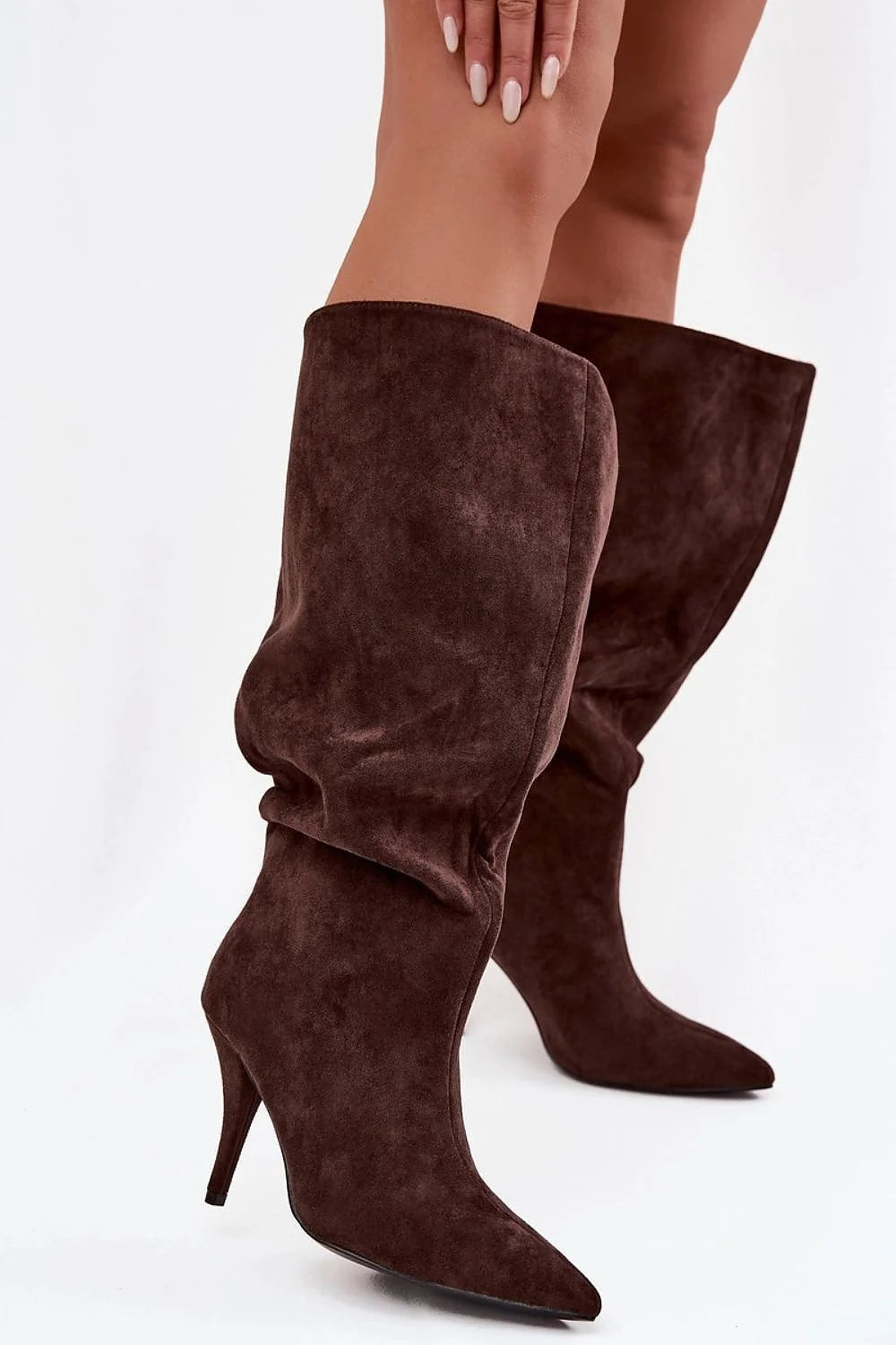 bottes hautes femme daim écologique marron chocolat slouch effet froncé bout pointu talon kitten confortable élégantes