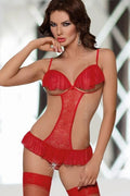 Body de lingerie féminine design sophistiqué séduisant élégant rouge vif dentelle tissu léger ajustable bretelles fines volants sexy