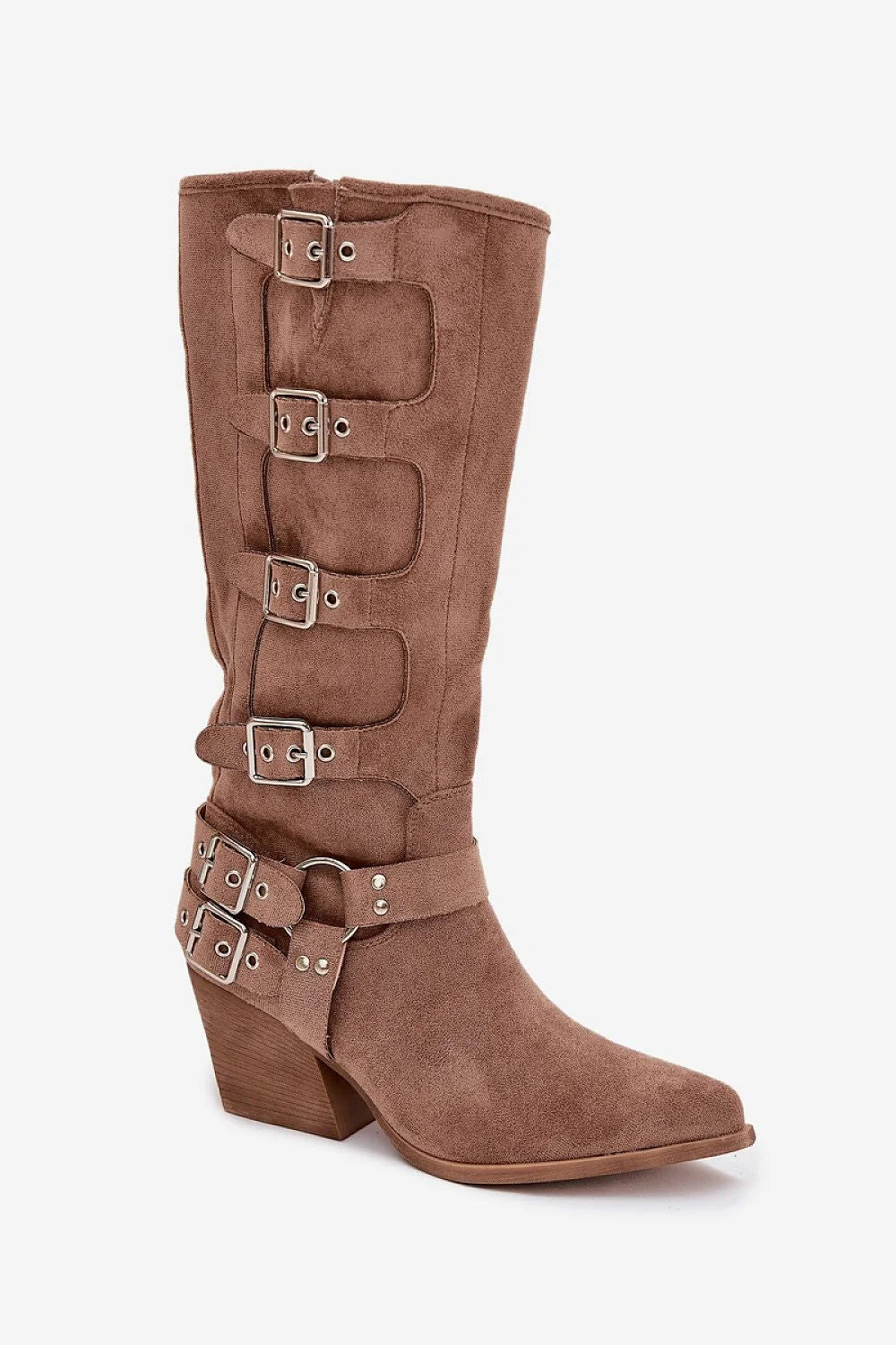 bottes cowgirl suédine écologique western talon coupé pilier confort stabilité bout pointu élégant silhouette élancée fermeture éclair pratique boucles décoratives