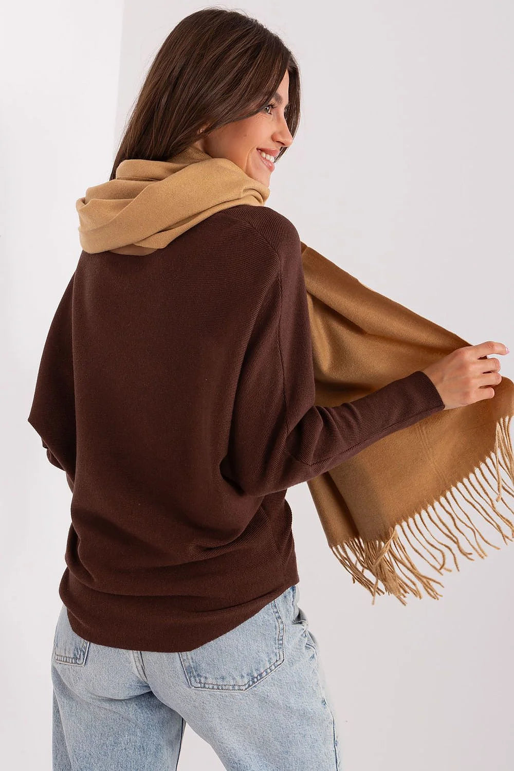Écharpe classique pour femme en laine/cachemire, hiver, style intemporel, beige camel, franges, longueur 196 cm, châle AT