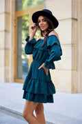 Robe de jour Roco Fashion style espagnol volants multiples encolure Bardot taille ajustable couleur bleu-vert femme