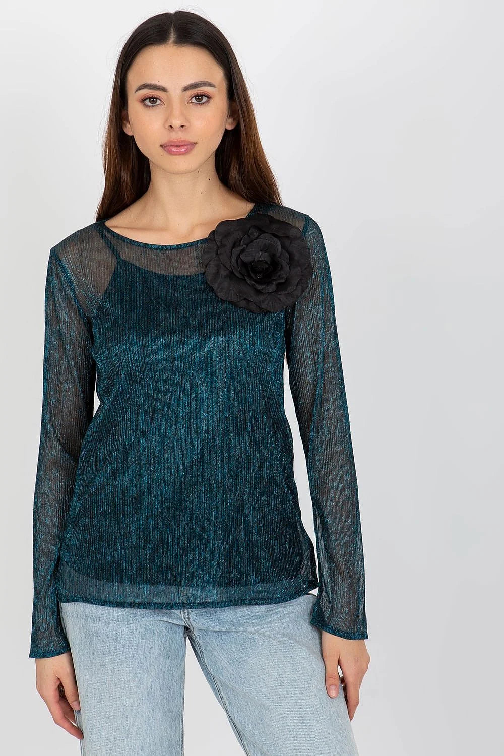 Chemisier Lakerta élégant pour femme en polyester 100% manches longues encolure ronde fleur décorative