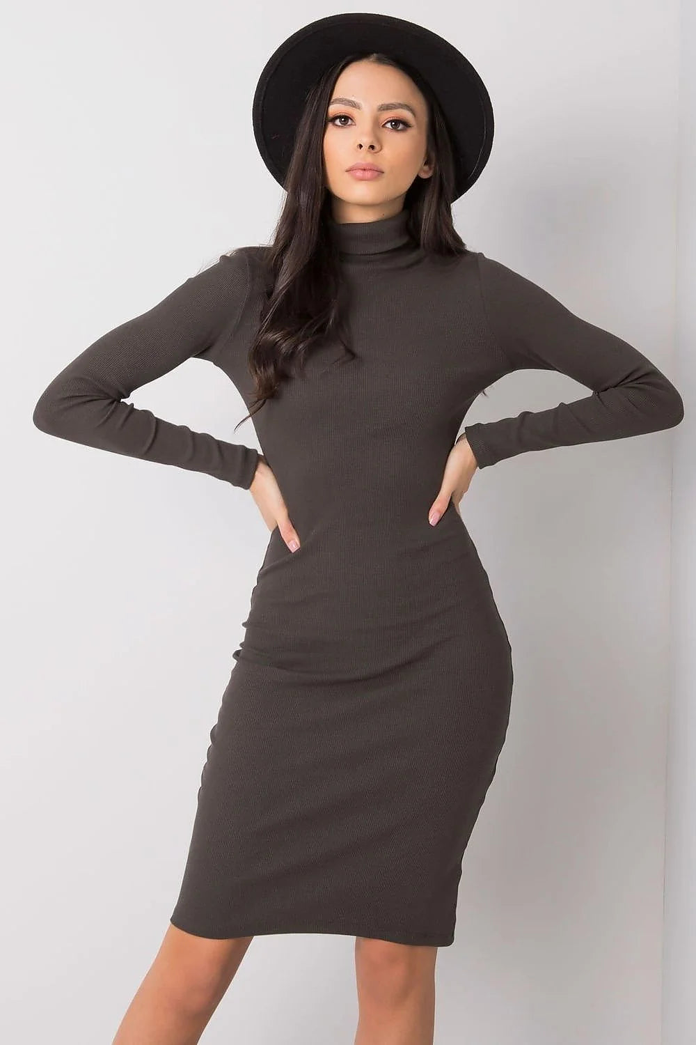 Robe de jour élégante Rue Paris maille côtelée manches longues col roulé coton élasthanne femme taille ajustable