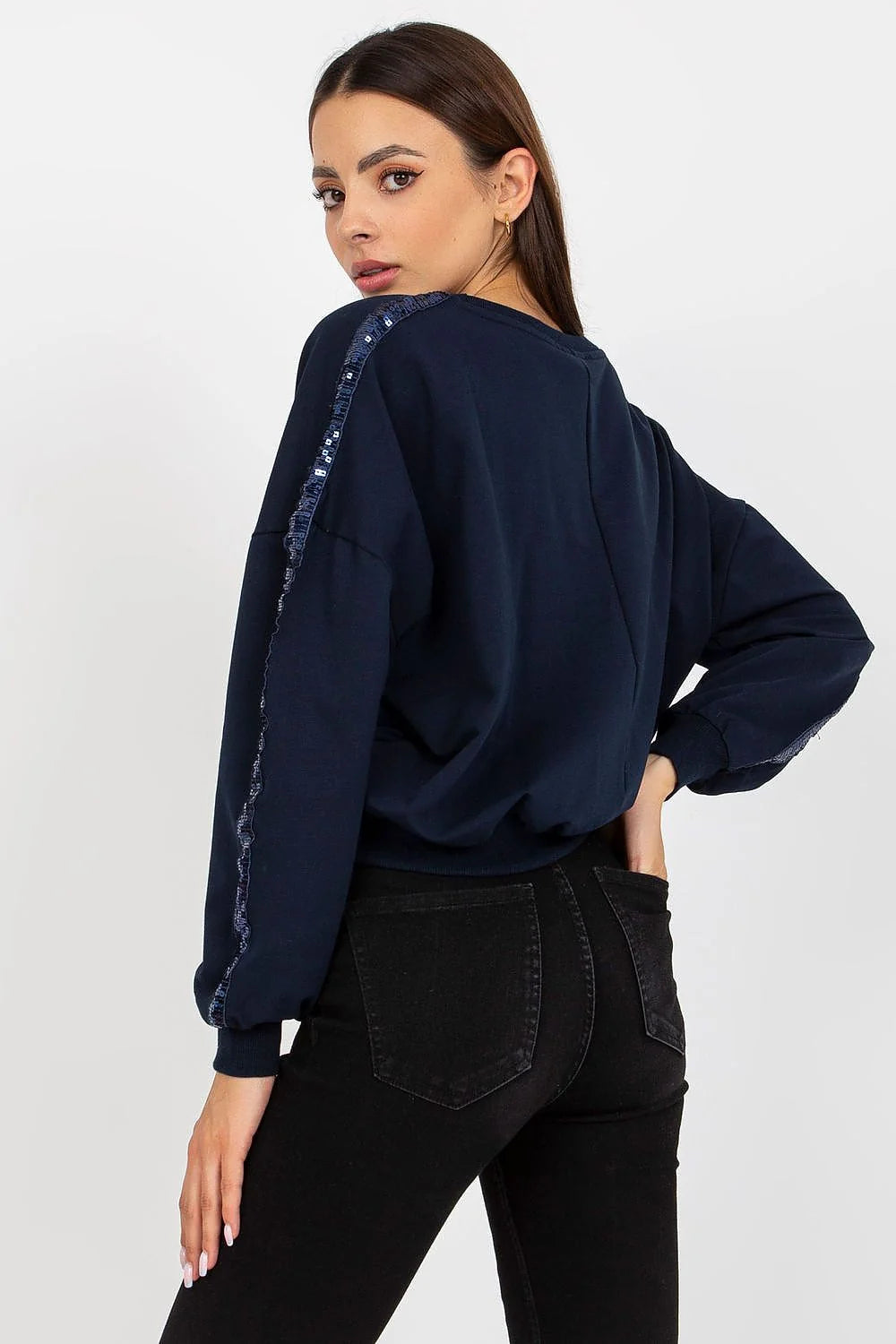 sweatshirt femme casual chic bleu marine manches longues col rond oversize bandes paillettes viscose élasthanne confort