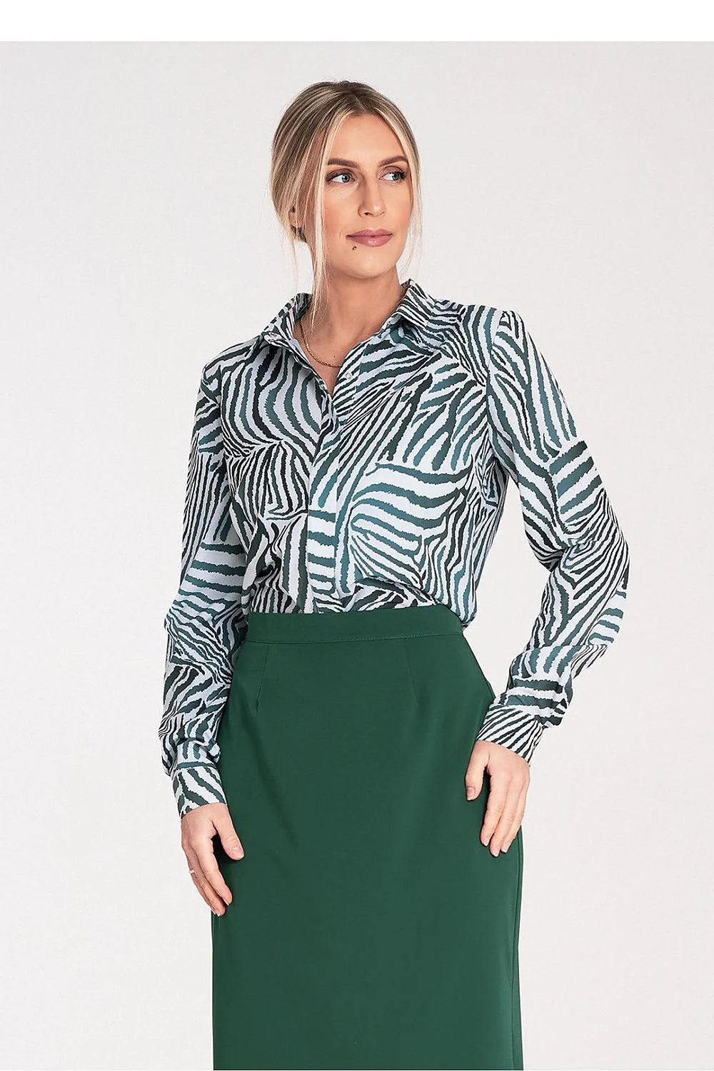 Chemise manche longue Figl zébrée vert blanc polyester elastane taille ajustable femme style moderne