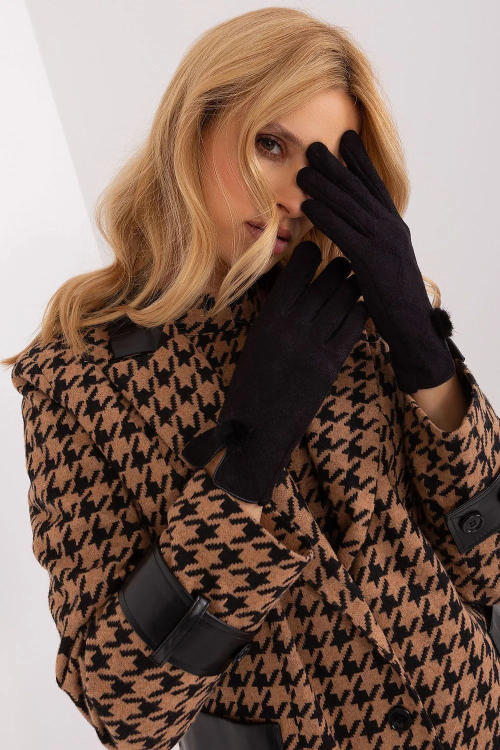 Gants élégants pour femmes en tissu isolant motif géométrique pompons poignets fleur brodée téléphone coton elasthanne polyester