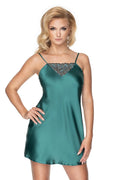 nuisette satin vert émeraude soyeux dentelle florale noire bretelles spaghetti ajustables décolleté plongeant coupe évasée courte longueur genoux confortable glamour
