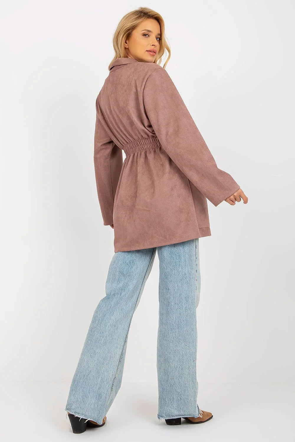 Manteau pour femme en daim synthétique rose mauve, coupe droite, longueur totale 83 cm, poches plaquées, tailles universelles