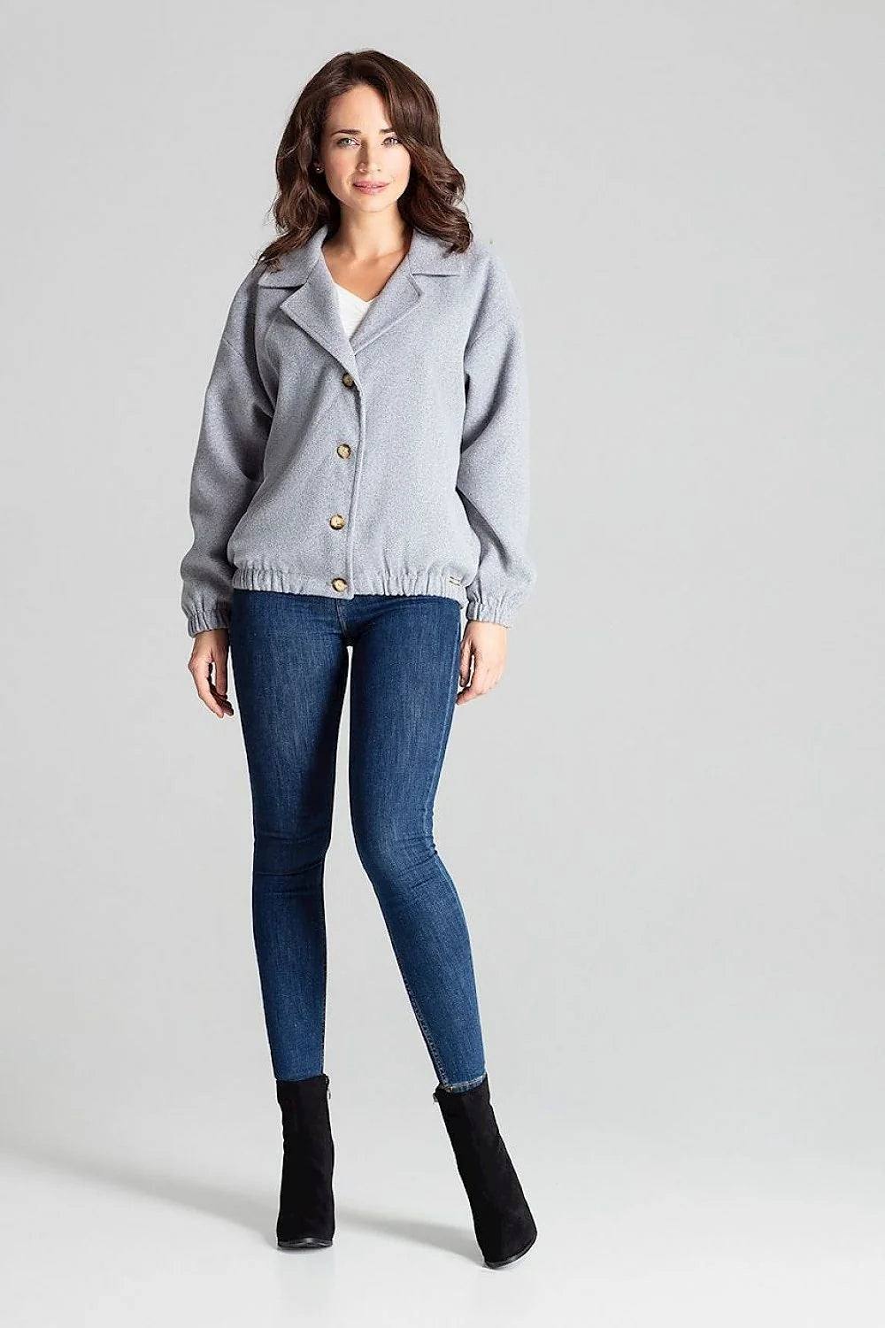Veste femme laine gris classique élégante boutons bois confort taille L/XL style décontracté