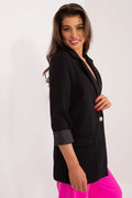 Veste élégante pour femme coupure droite col à revers bouton métal argenté tissu texturé polyester de qualité noir doublure satinée gris anthracite pour occasions formelles et quotidiennes