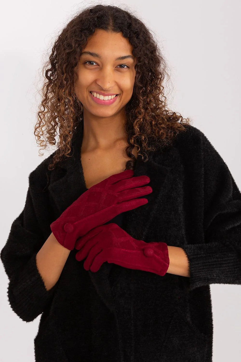 Gants élégants pour femmes en suède motif géométrique boutons décoratifs manches longues couleur rouge