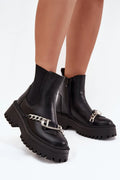 bottines femme cuir synthétique doublure fourrure plateforme semelle crantée talon moyen bout arrondi chaîne argentée boucle tige élastique fermeture éclair