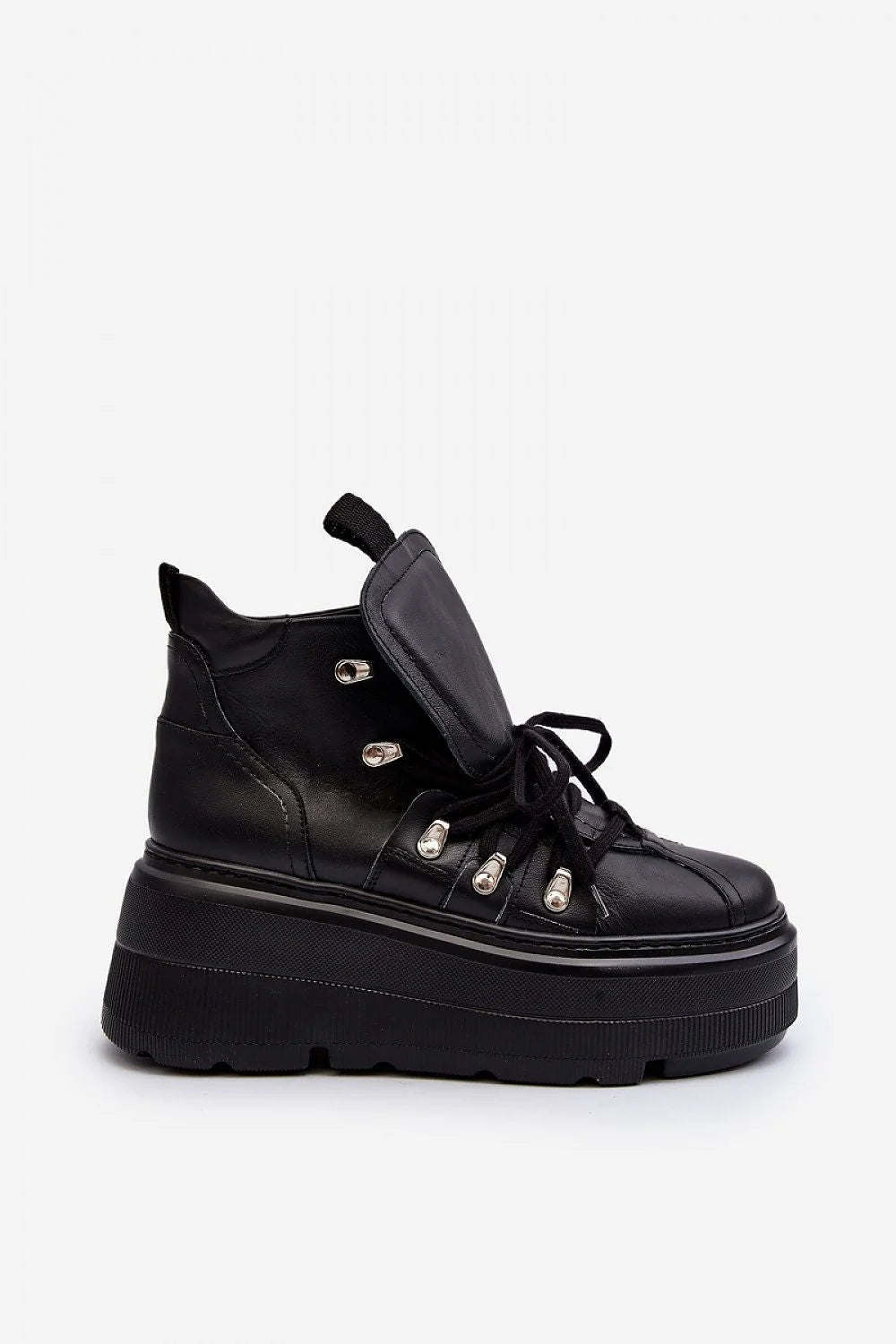 bottines montantes femmes cuir noir naturel audacieux chunky semelle épaisse plateforme crantée talon 8cm rembourrée lacets œillets métalliques