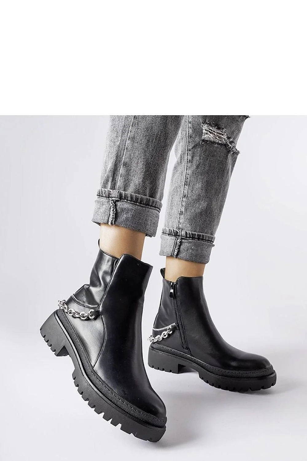 Bottines pour femme design audacieux cuir noir chaîne argentée talon plat semelle épaisse fermeture éclair