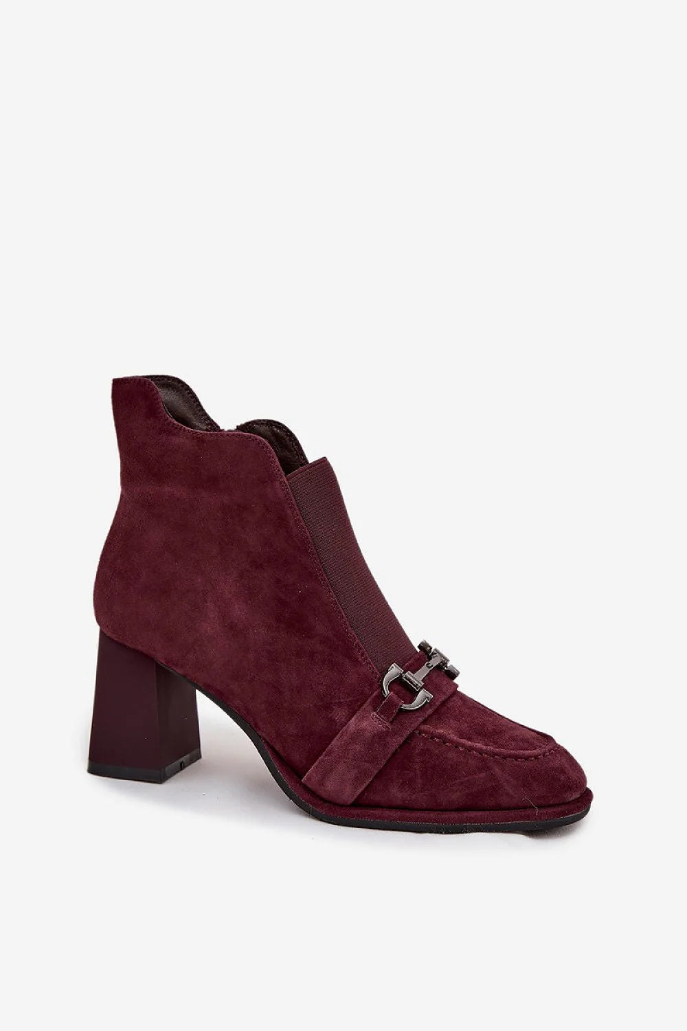 bottines femme daim bordeaux style mocassin bout arrondi surpiqûres mors métallique talon moyen carré doublure fourrure empiècement élastiqué fermeture éclair