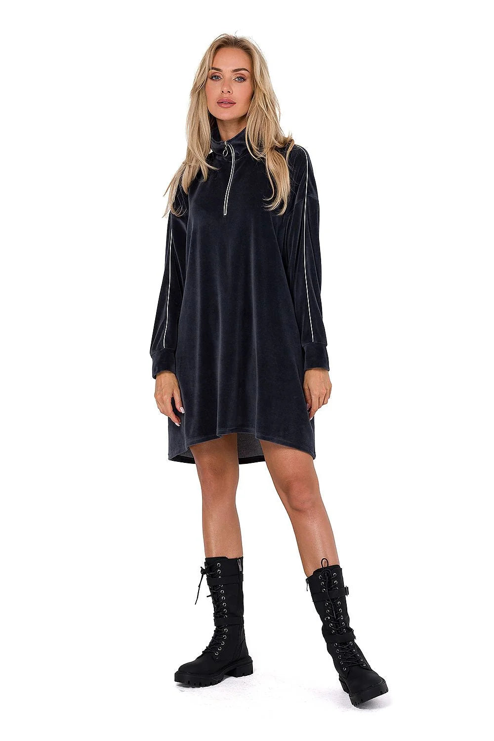 Robe de jour Moe en velours manches longues col montant coupe asymétrique fermeture éclair poches latérales