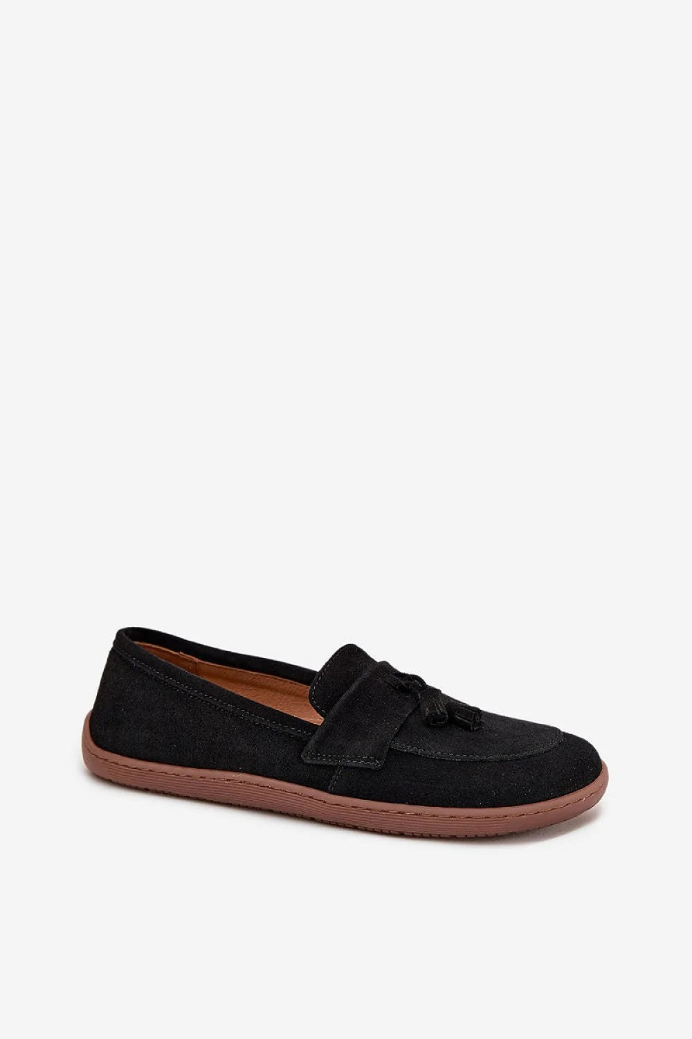 mocassins femme pieds nus minimalistes confortables naturel cuir suédé noir bout arrondi pompons glands décoratifs semelle caoutchouc brun maintien