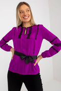 Chemisier Lakerta élégant pour femme en violet dentelle noire ceinture nouée manches longues encolure ronde ajustable