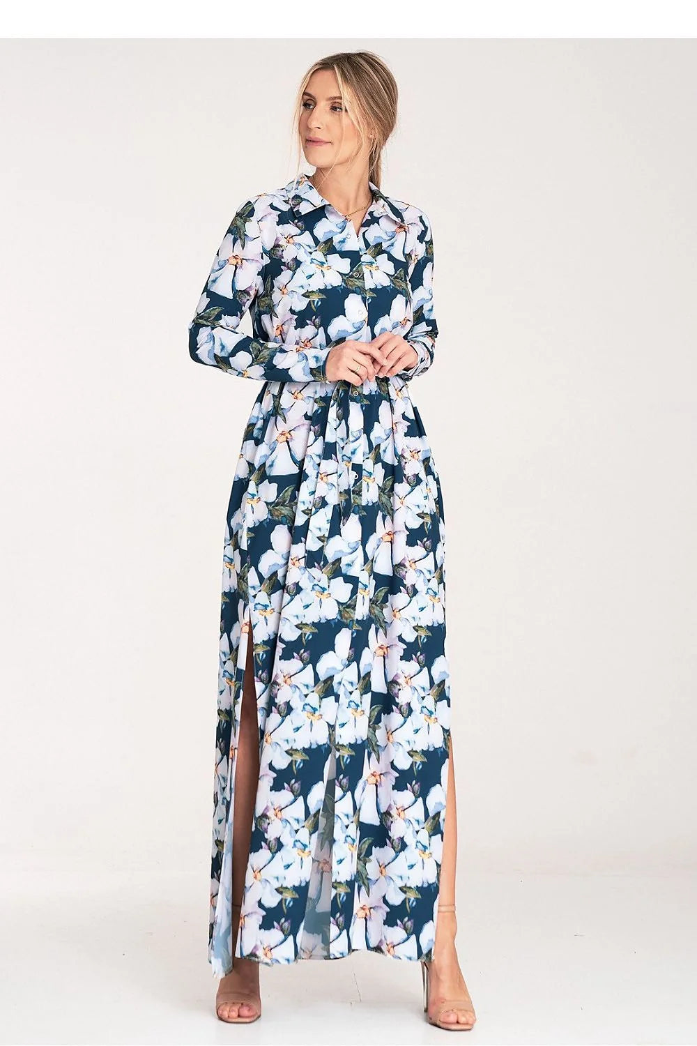 Robe longue élégante pour femme avec motif floral bleu marine fleurs blanches manches longues ceinture taille fente côté
