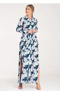 Robe longue élégante pour femme avec motif floral bleu marine fleurs blanches manches longues ceinture taille fente côté