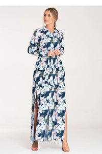 Robe longue élégante pour femme avec motif floral bleu marine fleurs blanches manches longues ceinture taille fente côté