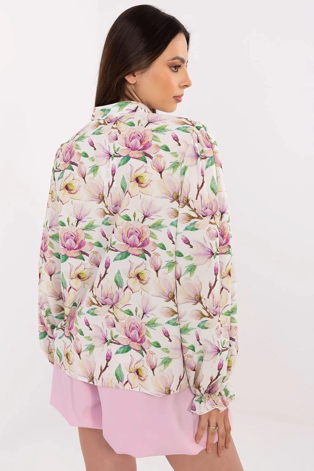 Chemise manche longue Lakerta motif floral coton polyester élasthanne col classique manches bouffantes volant femme