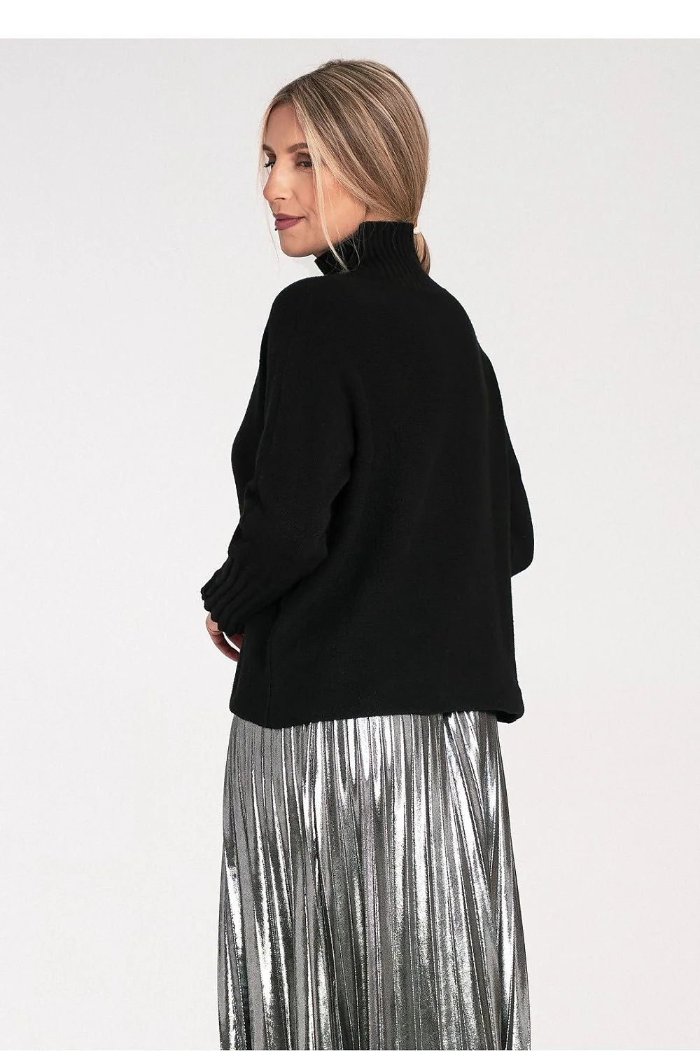 pull col roulé golf femme noir maille épaisse manches longues bord côte large coupe ample longueur hanches chaleur confortable polyvalent