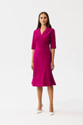 Robe élégante fuchsia robe jour Stylove col revers manches coudées jupe évasée taille ajustée