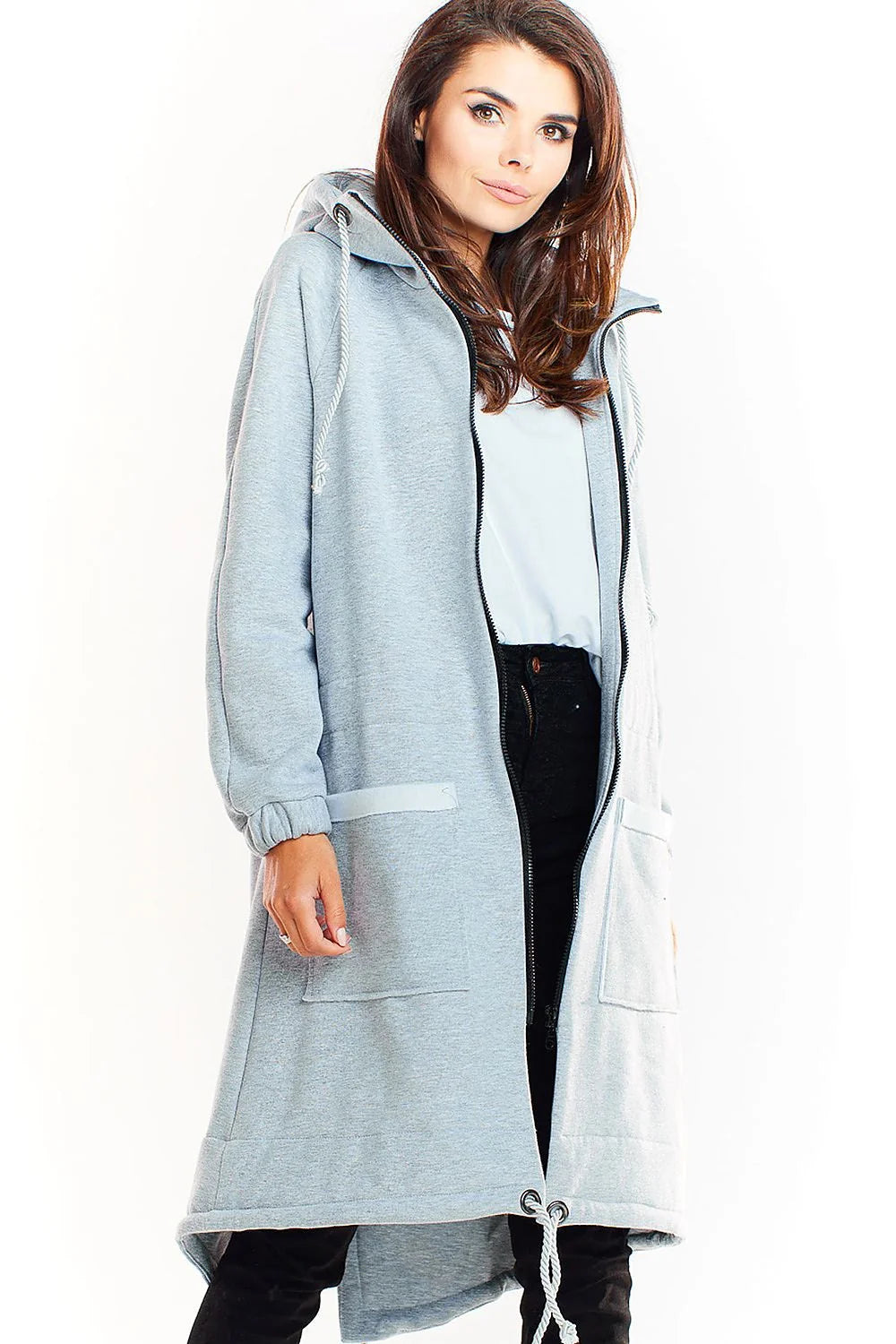 Manteau long ample beige coton style décontracté moderne avec capuche pour femme élégante et confortable