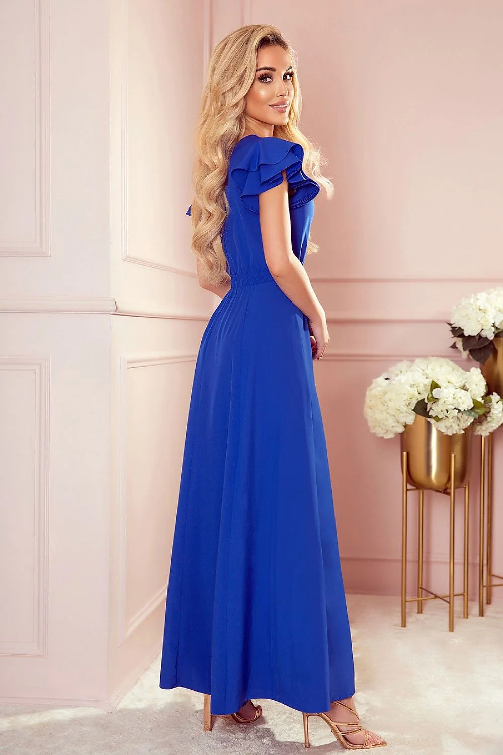 robe cocktail longue bleu royal décolleté V manches courtes volantées taille empire élastique jupe ample fente latérale fluide soyeuse élégante