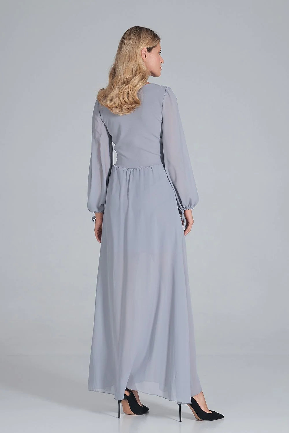Robe longue grise élégante en mousseline avec manches longues fente moderne pour femmes chic