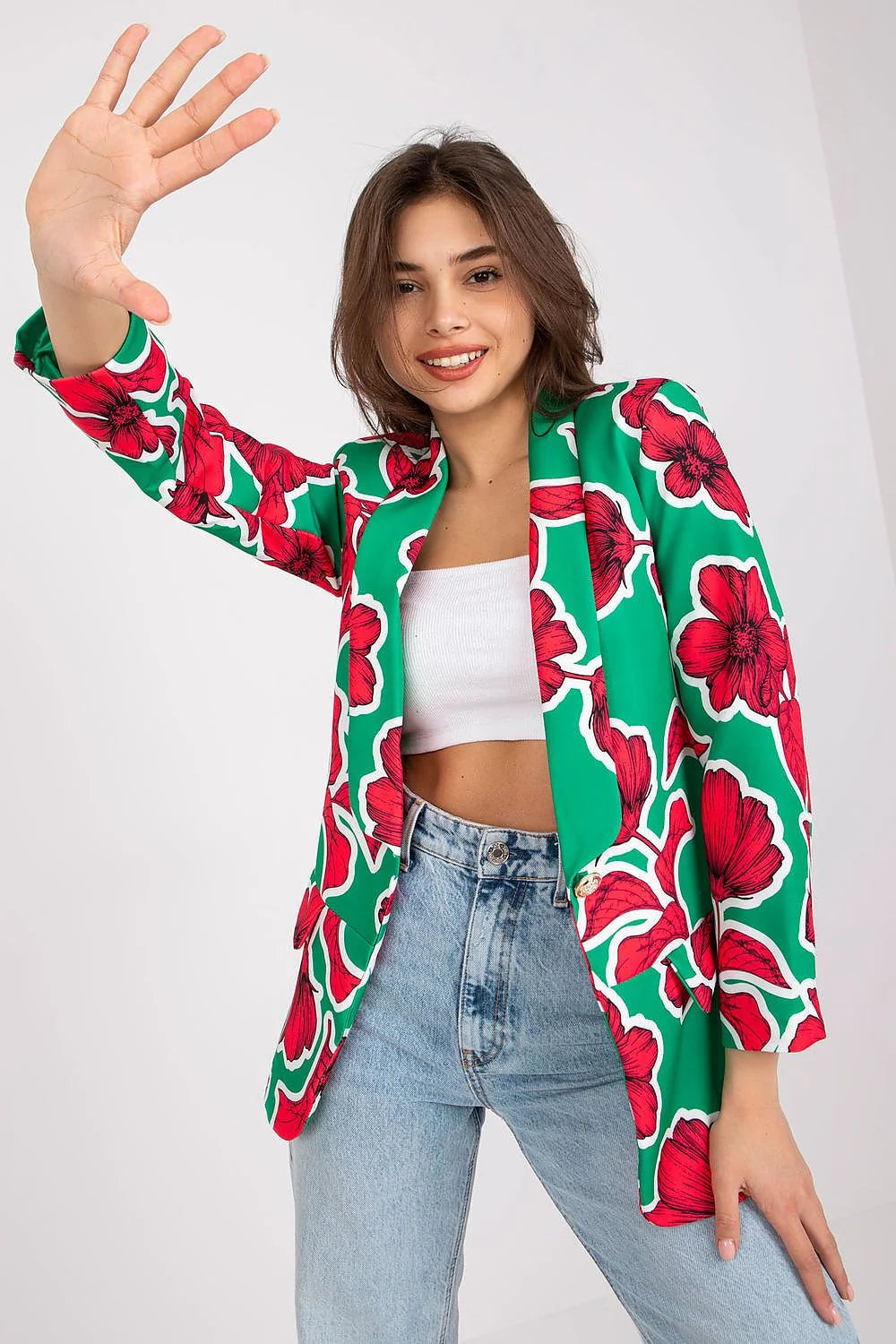 Veste femme Italie mode Floral polyester élasthanne manches longues col revers tailles S M L XL XXL