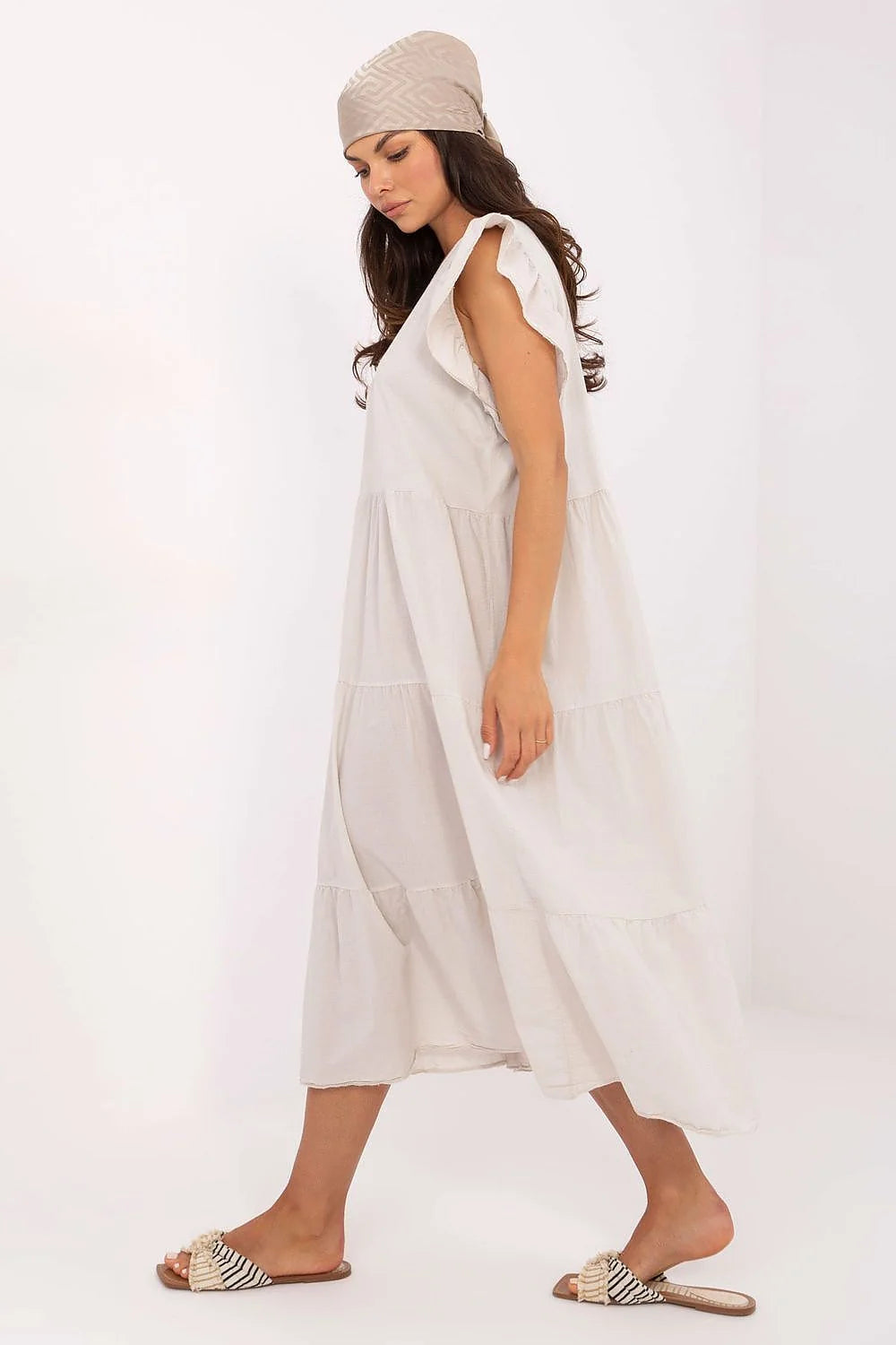 Robe longue Och Bella pour femme, robe ample en coton, style romantique, couleur ivoire, manches courtes à volants, lacing dos, été, occasion décontractée