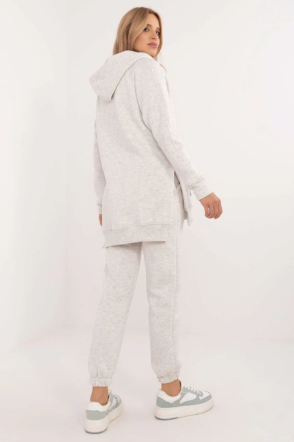 Ensemble femmes style casual monochrome coton gris clair sweat à capuche kangourou poche élastique taille haute joggers