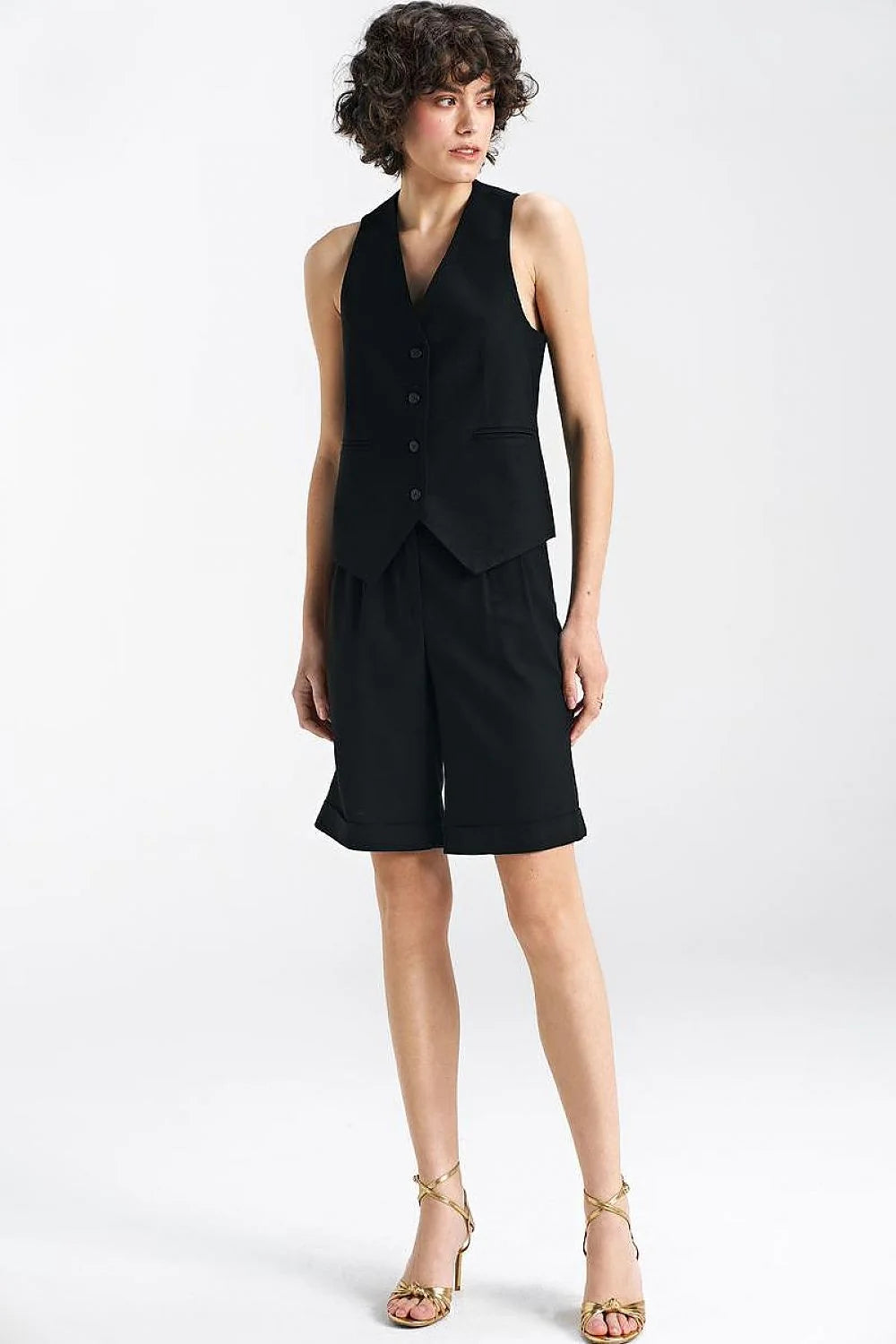 Gilet pour femme élégant sans manches en viscose, lin et coton, coupe cintrée, col V, boutons noirs, poches passepoilées