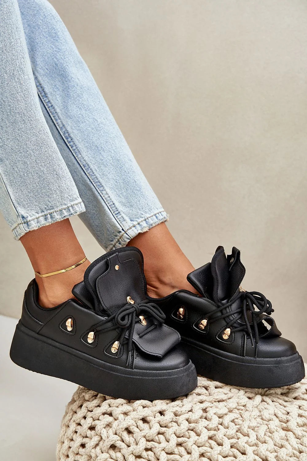 Chaussures de sport femmes style moderne audacieux cuir artificiel noir plateforme dorée confort maximal